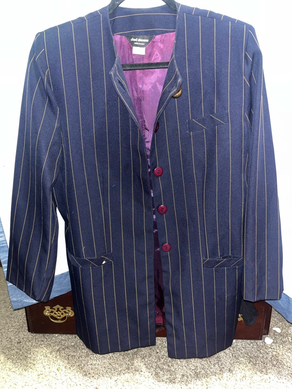 Chadwicks Navy Pinstripe Blazer with Burgundy Buttons and Gold Stripes